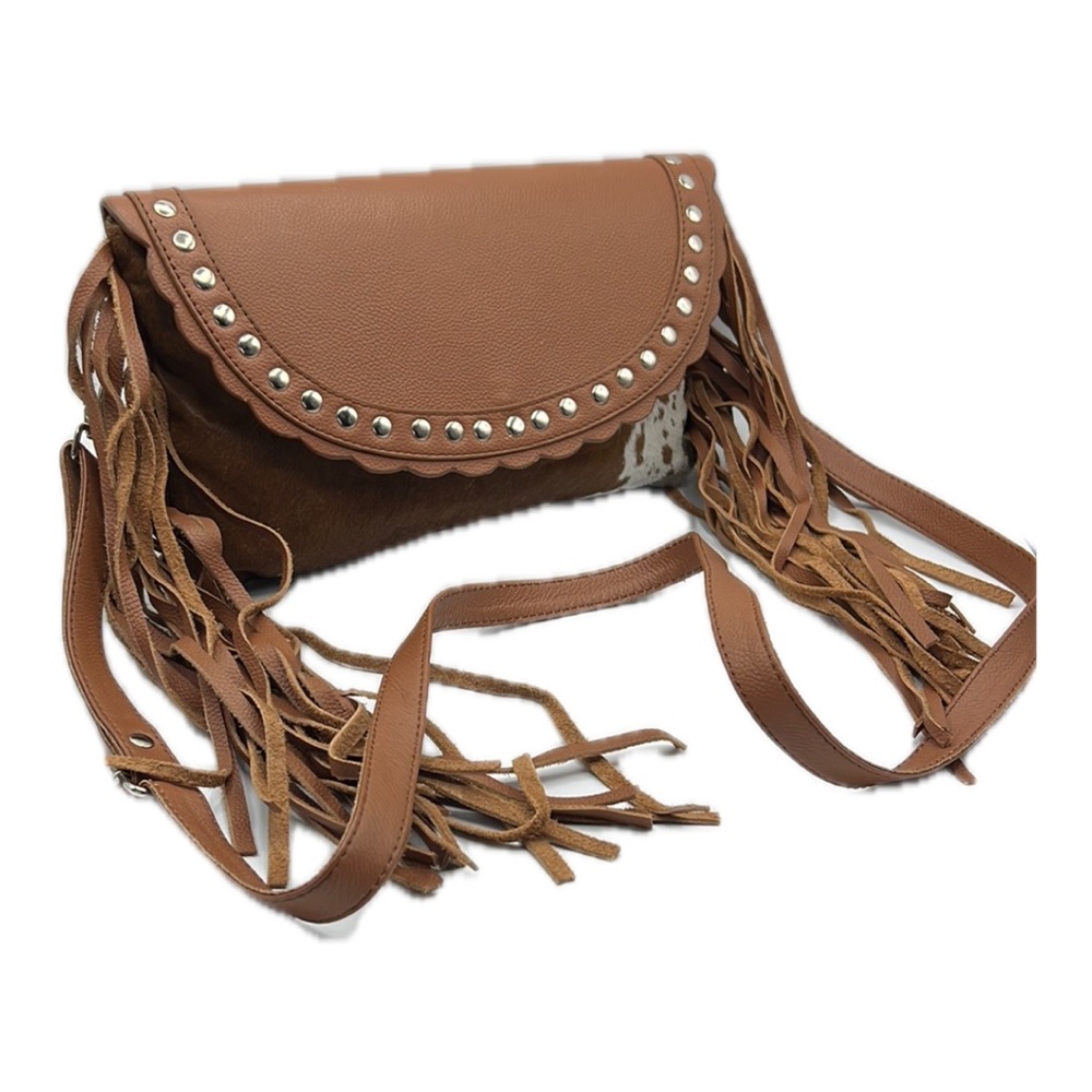 Western Linens Boho Brown White Cowhide Crossbody Bag Fringe and Stud Details